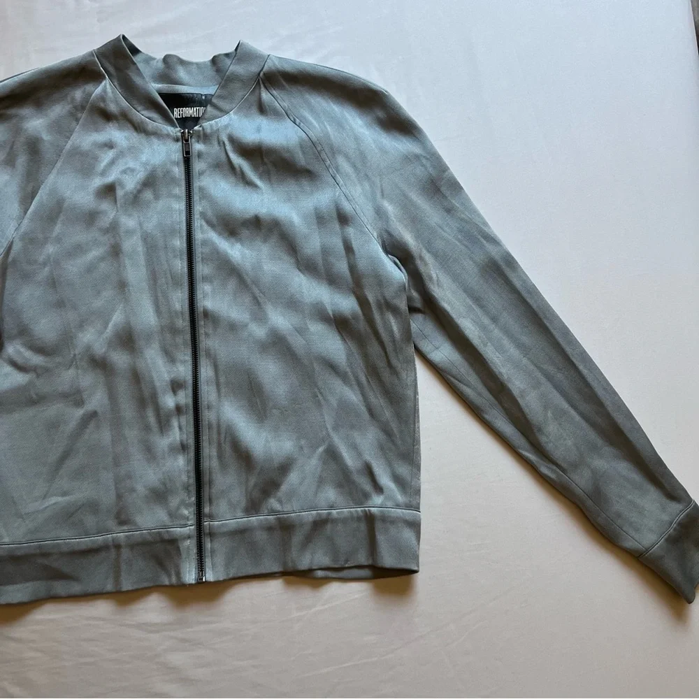 REFORMATION‎ light dusty blue satin zip up long sleeve bomber jacket